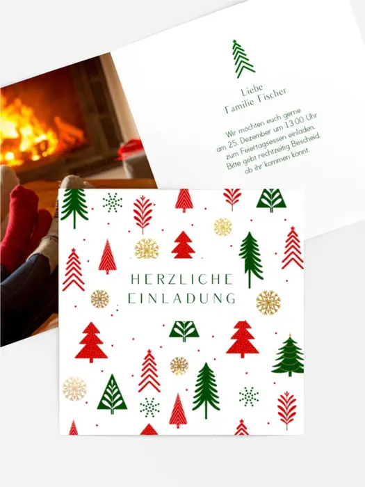 Fotoeinladung Weihnachten Bunte Weihnachtsbäum