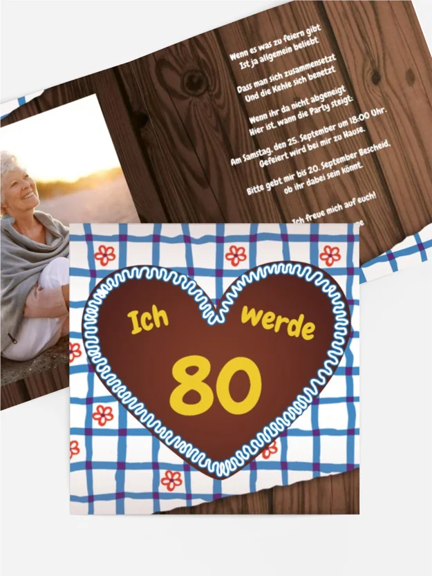 Geburtstagseinladungskarte Lebkuchenherz 80 Foto