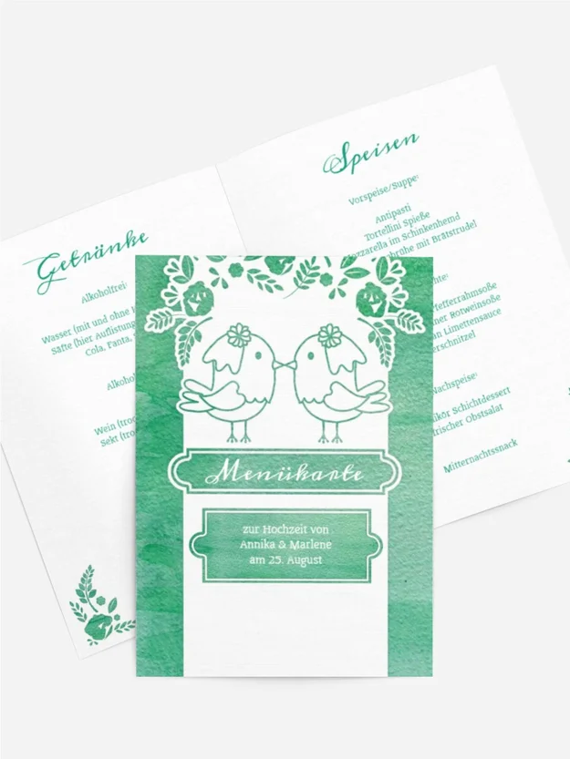 Hochzeitsmenükarte Vogelpaar Brautkleid Hochzeitsmenükarte Vogelpaar Brautkleid