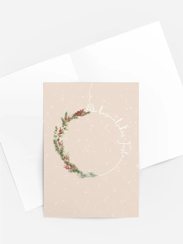 Aquarell Weihnachtskarte „Besinnliches Fest“ mit zarter Christbaumkugel