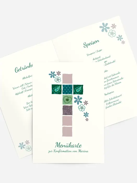 Menükarte Konfirmation Florales Kreuz