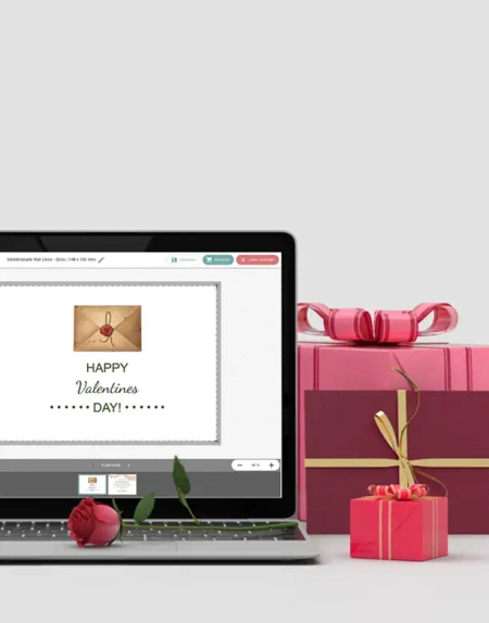 Grußkarte zum Valentinstag gestalten, online am PC, pinkfarbenes Paket liegt für den Liebsten breit