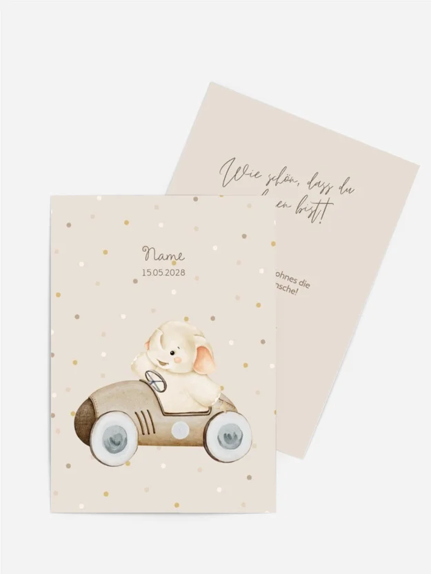 Personalisierbare Geburtskarte Elefant im Auto
