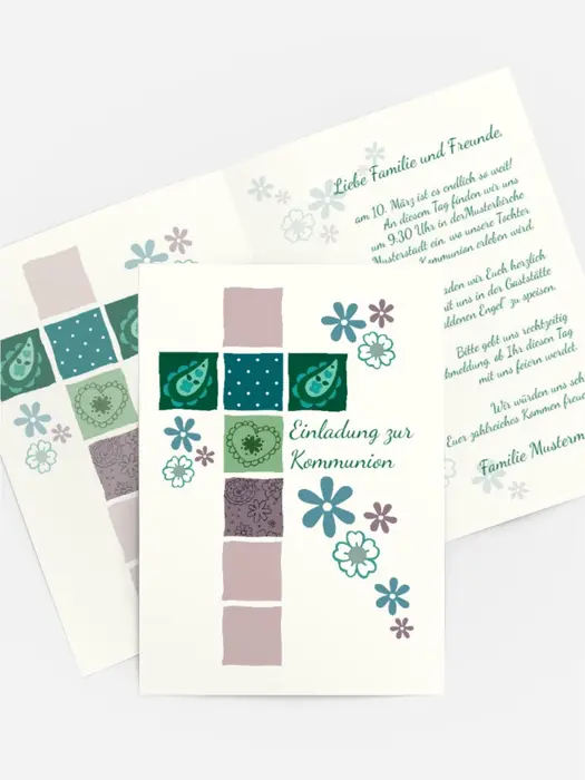 Einladung zur Kommunion Florales Kreuz