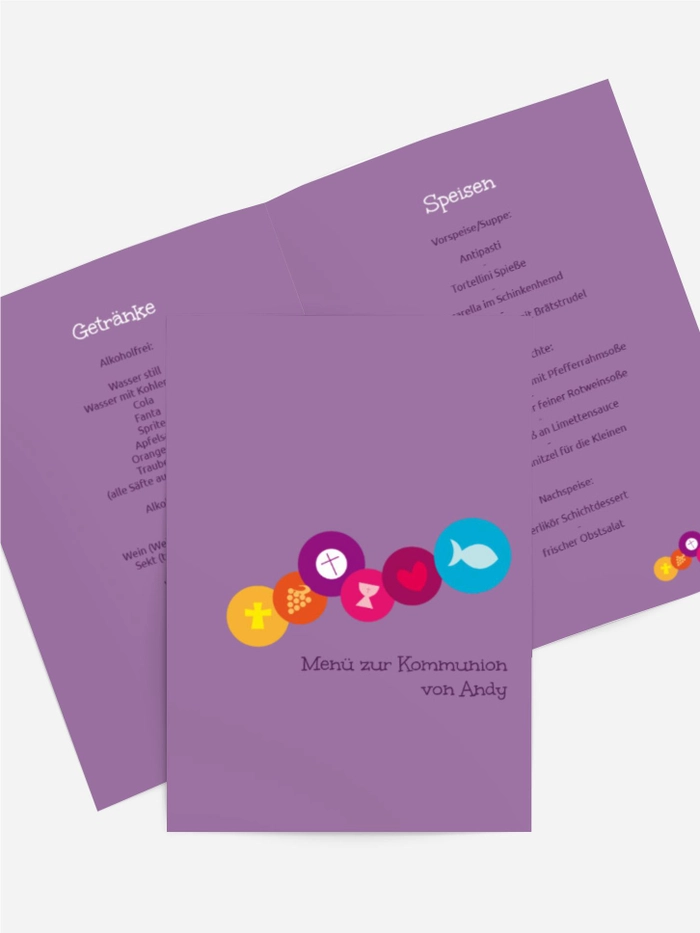 Menükarte zur Kommunion bunte Elemente Menükarte zur Kommunion bunte Elemente