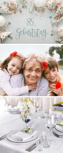 85 jährige Oma mit Enkeln, alle tragen floralen Haarschmuck und weiße elegante Kleidung
