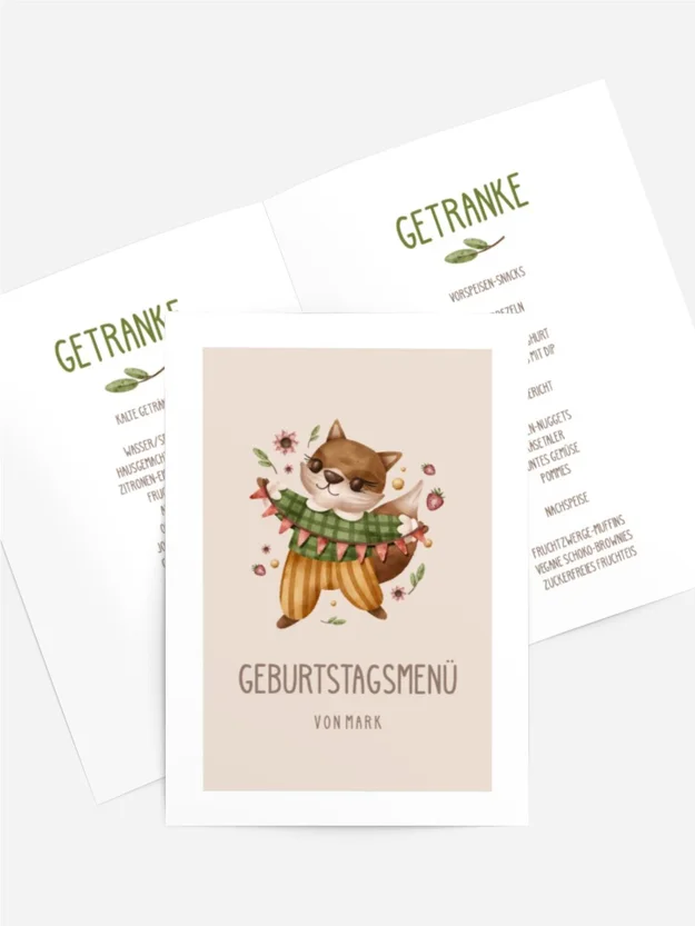 Menükarte Geburtstag Tanzender Waschbär