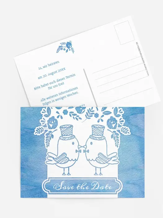 Save the Date Karte zur Hochzeit Vogelpaar Zylinder