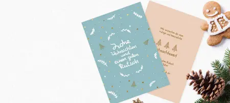 Neujahrskarte Weihnachtskarte Neujahrsgrüße in blau mit Tannenbäumen und goldenen Sternen