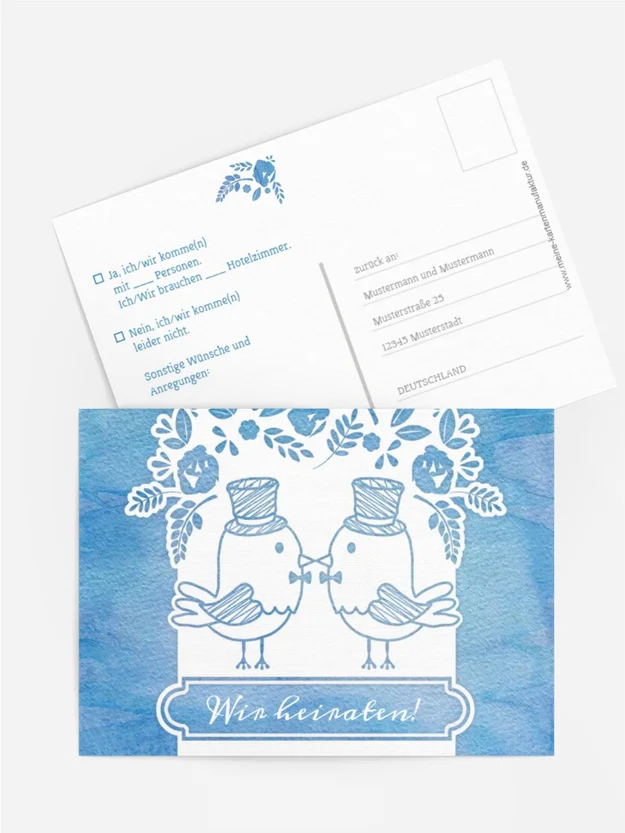 Antwortkarte zur Hochzeit Vogelpaar Zylinder Antwortkarte zur Hochzeit Vogelpaar Zylinder