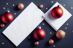 Geschäftliche Weihnachtsgrüße auf dunkelblauem Hintergrund und goldenen Sternen und Weihnachtskugeln