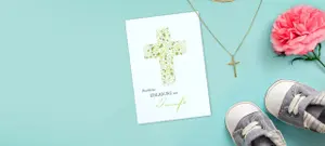 Einladungskarten zur Taufe mit Kreuz aus grünen Blättern - Design auch für Danksagung Taufe und Kommunion erhältlich