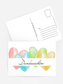 Postkarte „Dankeschön“ – Aquarellherzen in Pastell