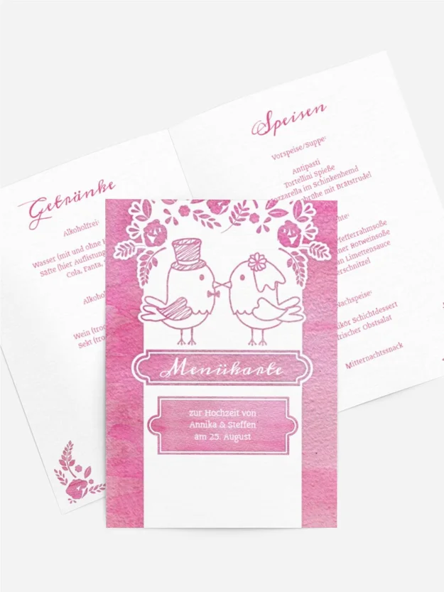 Hochzeitsmenükarte Vogelpaar