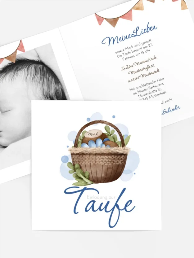 Einladungskarte Taufe Korb voller Glück