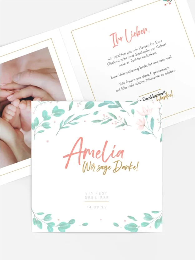 Baby Dankeskarte Junge Blätter