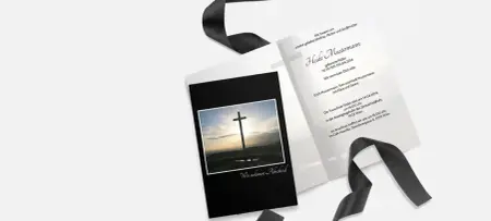 Totenzettel Trauerbild schwarze Karte mit Sterbebild, Einlageblatt weiß mit schwarzer Schrift