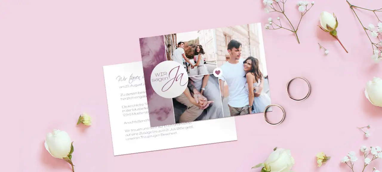 Hochzeitskarten im Postkarten Format für die Hochzeit auf dem Standesamt und in der Kirche in Flieder auf fliederfarbenem Untergrund