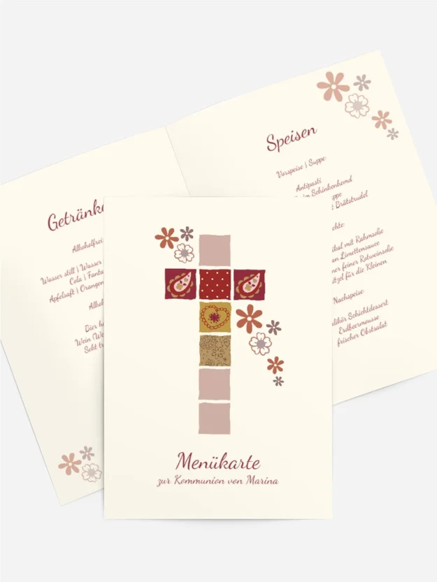 Menükarte Kommunion Florales Kreuz