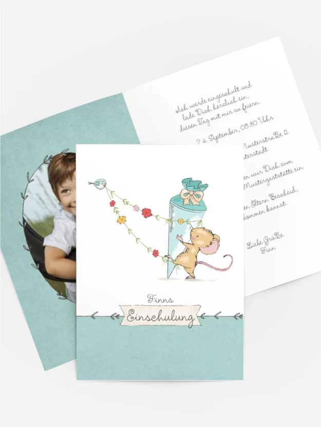 Einschulungskarte Mäuschen und Vogel
