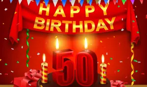 Bild lustig mit Schokotorte, Geschenken und Banner mit Text Happy birthday zum Geburtstag der fünfzig Jährigen