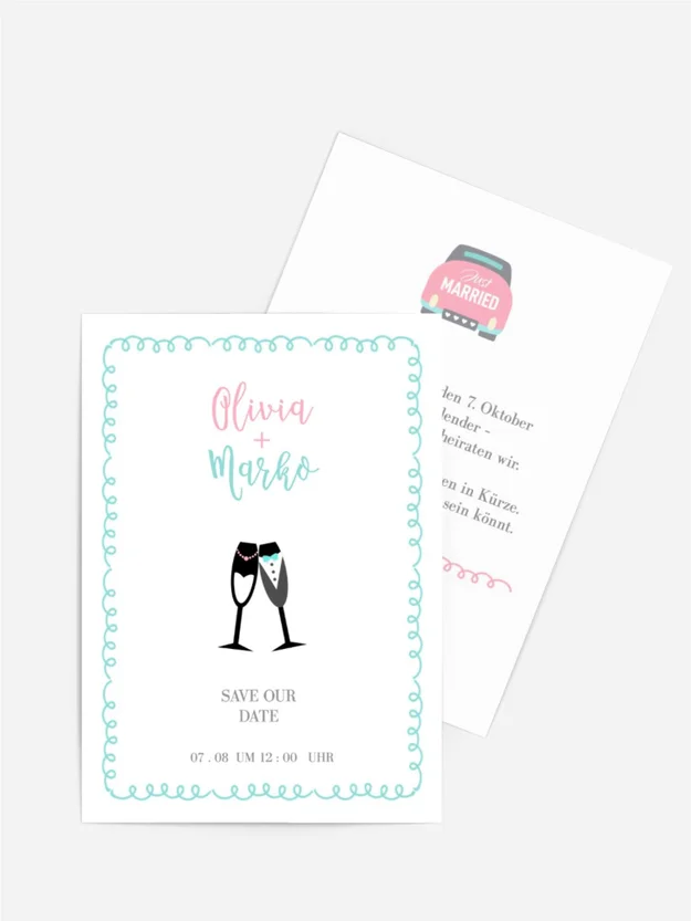 Save the Date Karte Champagner im Auto