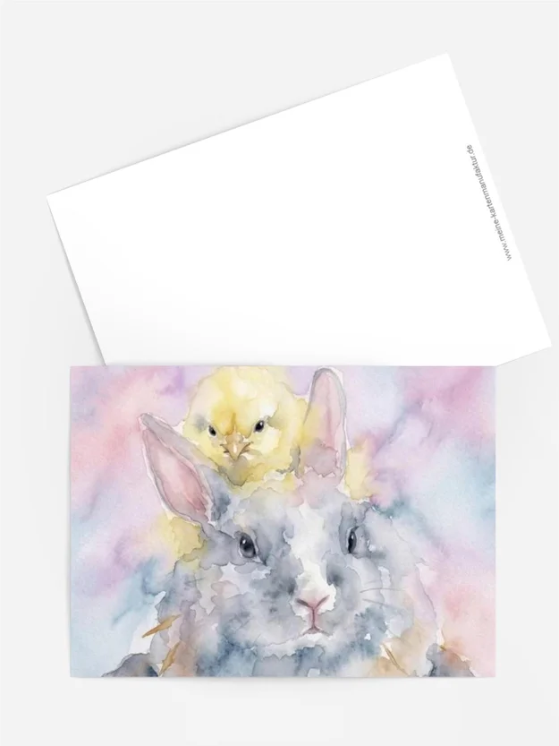Grußkarte Aquarell Ostern Hase und Küken