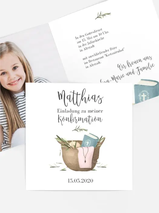 Einladungskarte Konfirmation Kommunionskörbchen