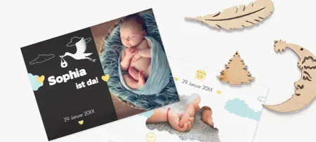 Süße Babykarte als Grußkarte, mit Foto von Baby und Motiv Klapperstorch