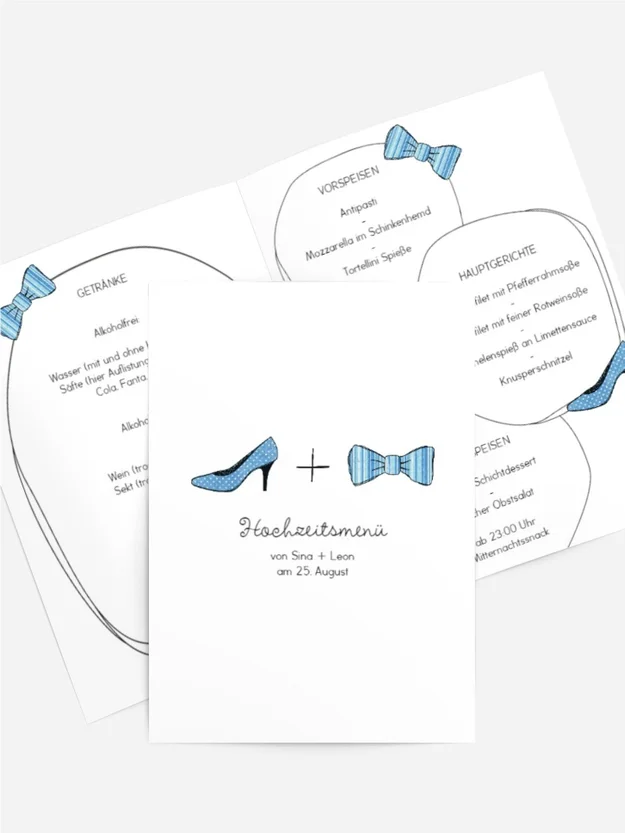 Menükarte zur Hochzeit High Heel und Fliege