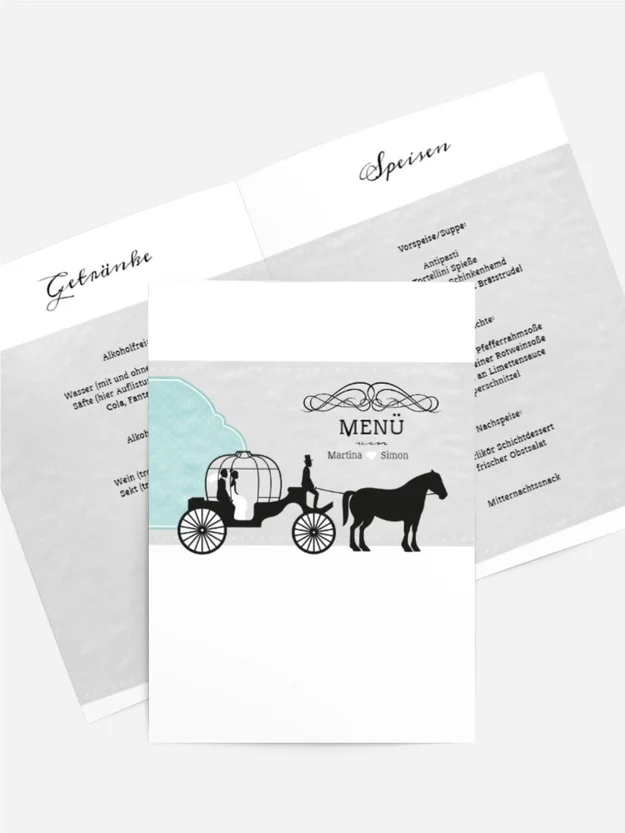 Hochzeitsmenükarte Kutsche
