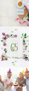 Grüne Zahl 65 auf weißem Hintergrund mit Blumenranke, Idee für Einladungen zum Geburtstag