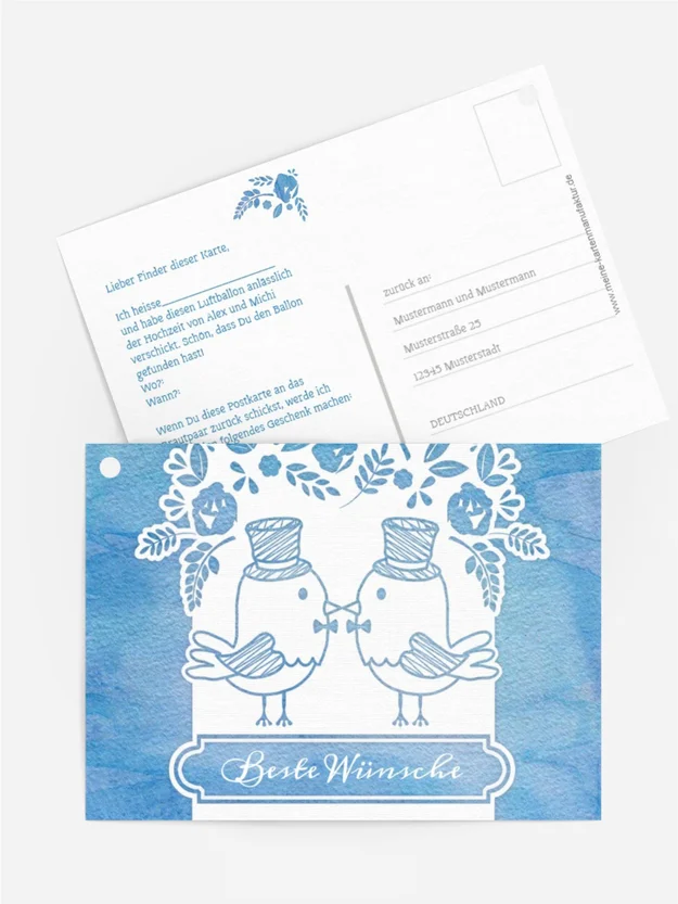 Ballonkarte zur Hochzeit Vogelpaar Zylinder Ballonkarte zur Hochzeit Vogelpaar Zylinder