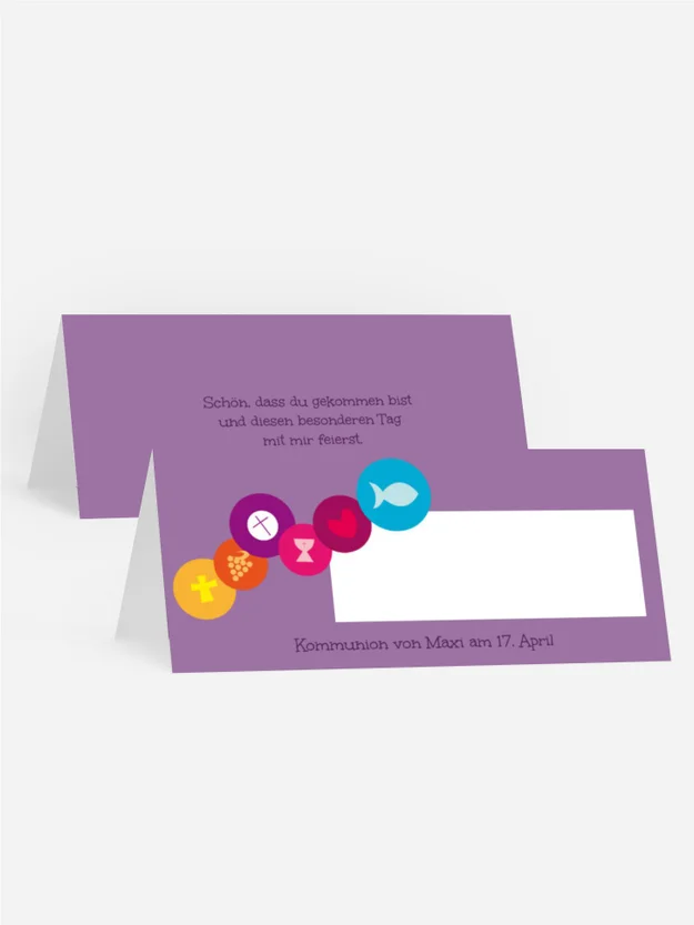 Tischkarte zur Kommunion bunte Elemente Tischkarte zur Kommunion bunte Elemente