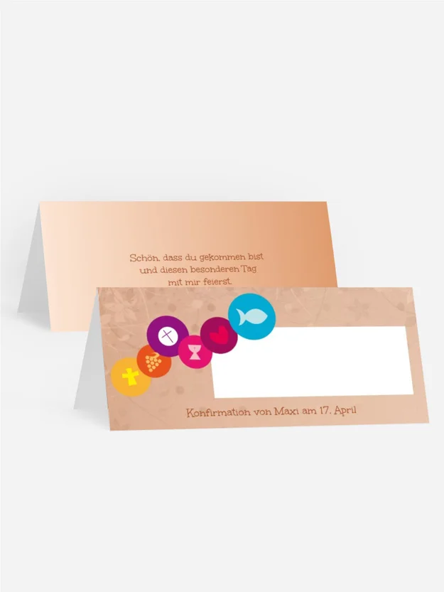 Tischkarte zur Konfirmation bunte Elemente Tischkarte zur Konfirmation bunte Elemente