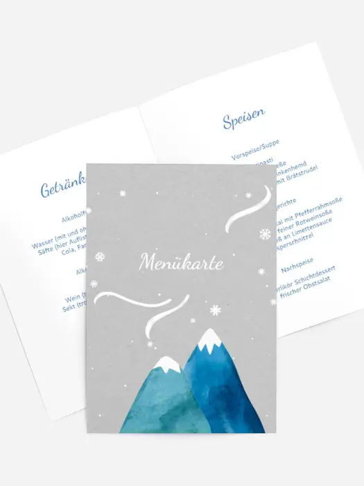 Menükarte Weihnachten Schneebedeckte Berge