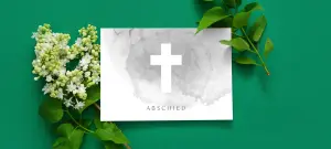 Trauerkarte quer in weiß, Motiv Kreuz mit grauem Hintergrund