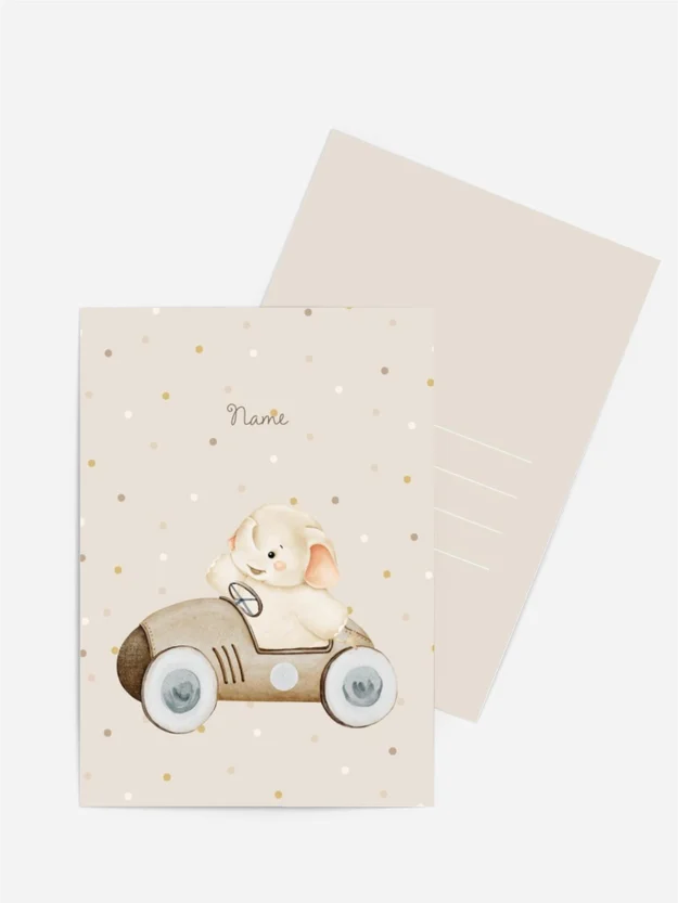 Geburtskarte Elefant im Auto | Name personalisierbar