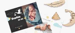 Süße Babykarte als Grußkarte, mit Foto von Baby und Motiv Klapperstorch