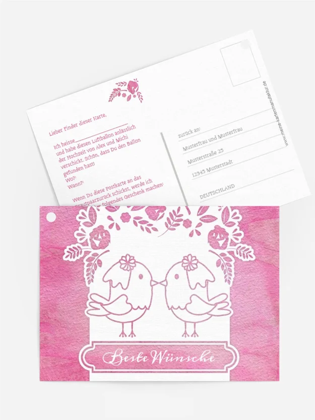 Ballonkarte zur Hochzeit Vogelpaar Brautkleid