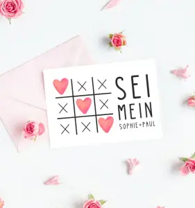 Tic Tac Toe Valentinskarte, Text Sei Mein Valentin, Sophie und Paul, mit Umschlag