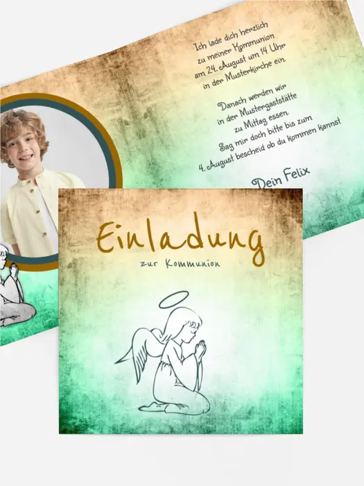 Einladungskarte Kommunion grunge Engel Einladungskarte Kommunion grunge Engel