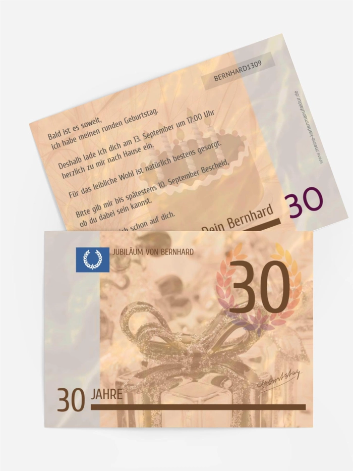 Einladungskarte zum Geburtstag Geldschein 30 Einladungskarte zum Geburtstag Geldschein 30