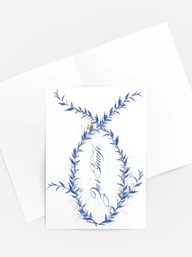 Aquarellkarte „Zur Taufe“ – Blauer Fisch mit Goldakzenten