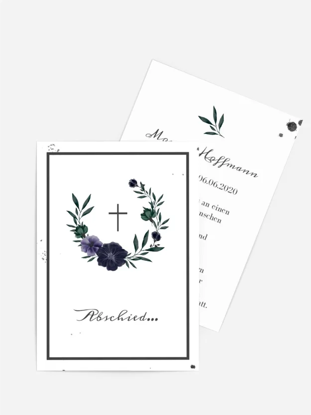 Trauerkarte Blumenkranz mit Christuskreuz