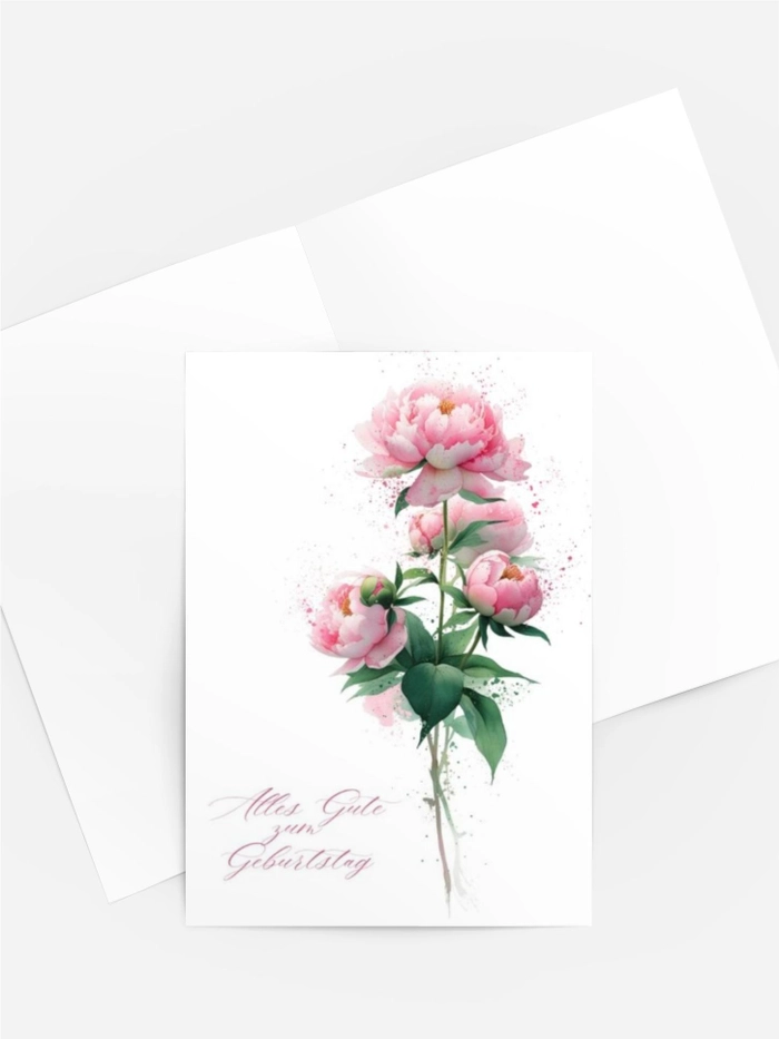 Aquarellkarte „Alles Gute zum Geburtstag“ – Pfingstrosenblüte Aquarellkarte „Alles Gute zum Geburtstag“ – Pfingstrosenblüte
