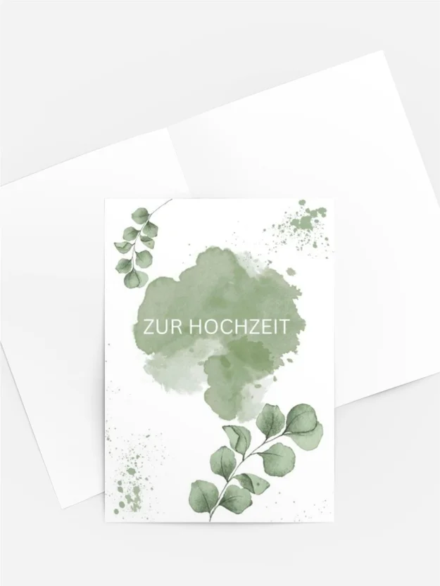 Aquarellkarte „Zur Hochzeit“ in Grün mit Eukalyptuszweigen