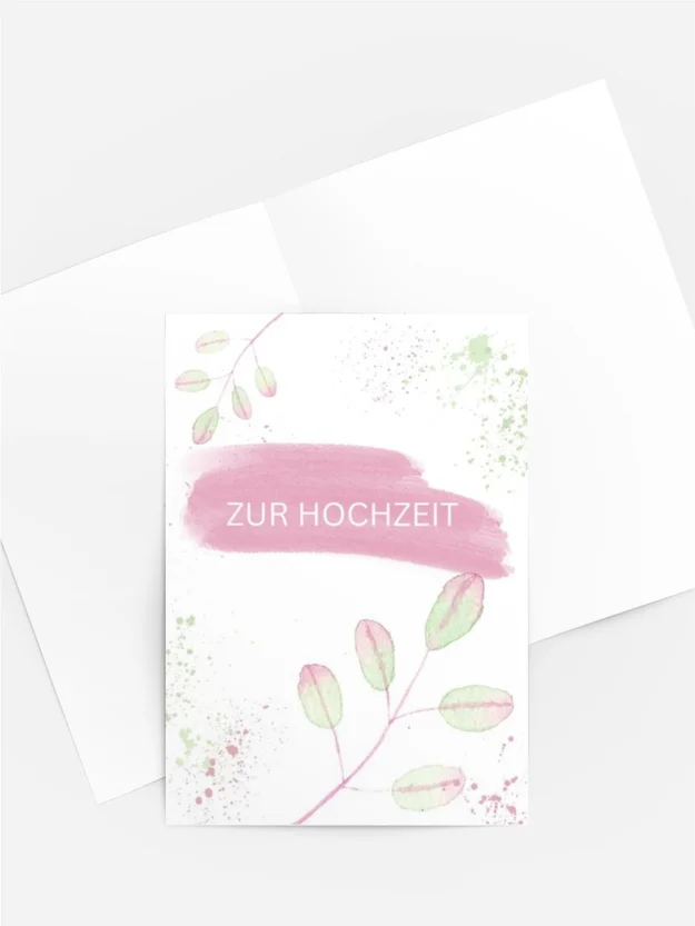 Aquarell Hochzeitskarte „Zarte Blätter in Rosa und Grün“