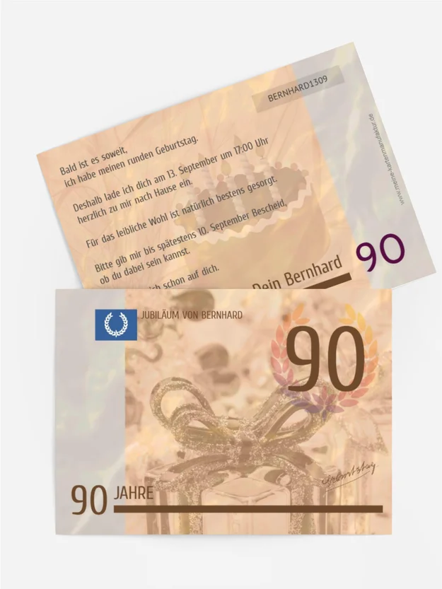 Einladungskarte zum Geburtstag Geldschein 90 Einladungskarte zum Geburtstag Geldschein 90