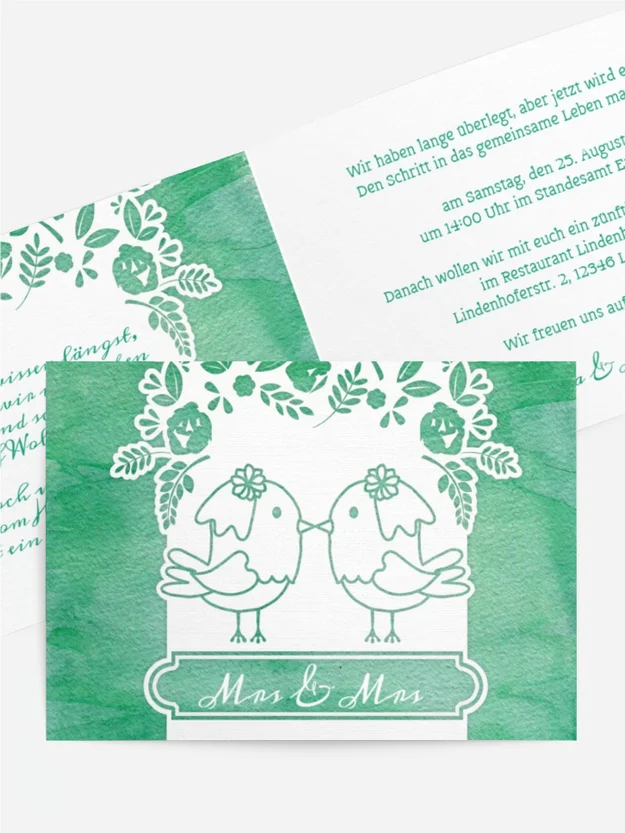 Hochzeitseinladung Vogelpaar Brautkleid